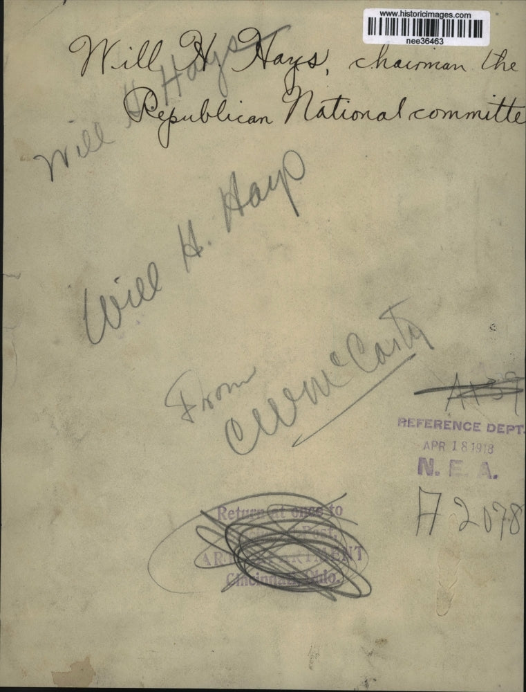 1918 Press Photo Will H Hays Chairman of Republican National Committee