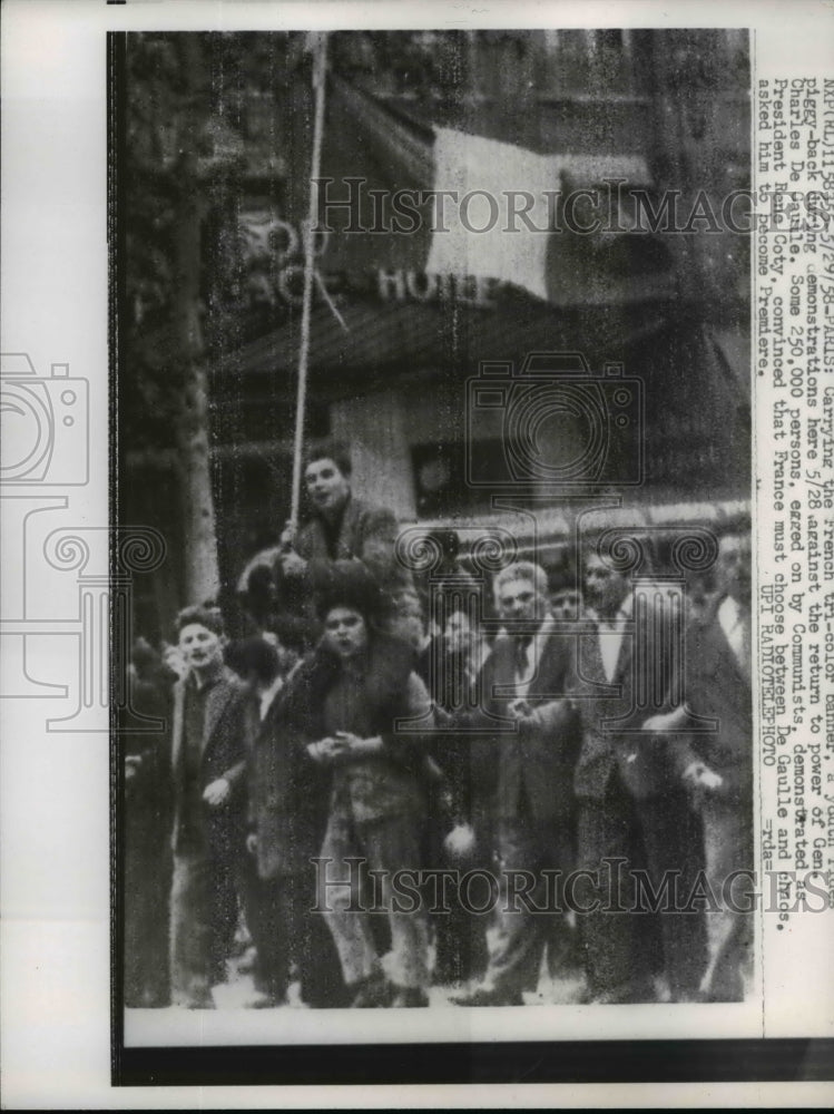 1958 Press Photo French Tri-Colored Carried by one of 250,000 Demonstrators