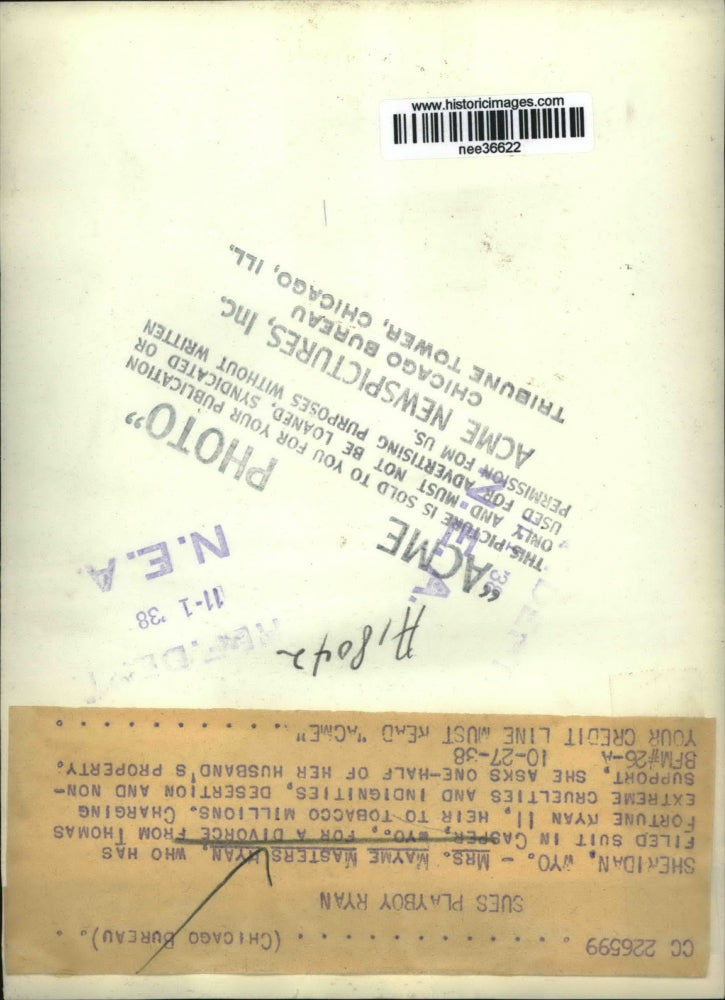 1938 Press Photo of Mrs. Wayne Masters Ryan who filed for divorce from Thomas