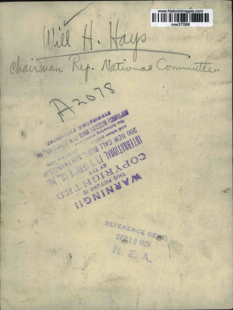 1925 Press Photo Will H Hays, Chairman of republican national comittee