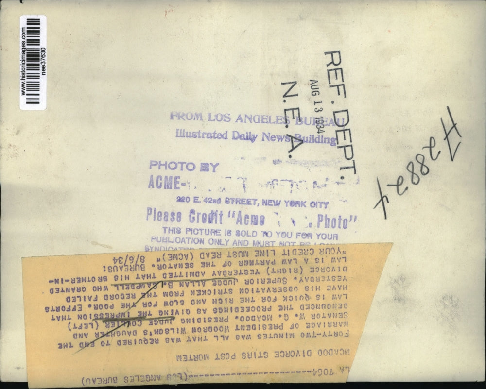 1934 Press Photo Divorce to Pres Woodrow daughter & Sen WG McAdoo was granted