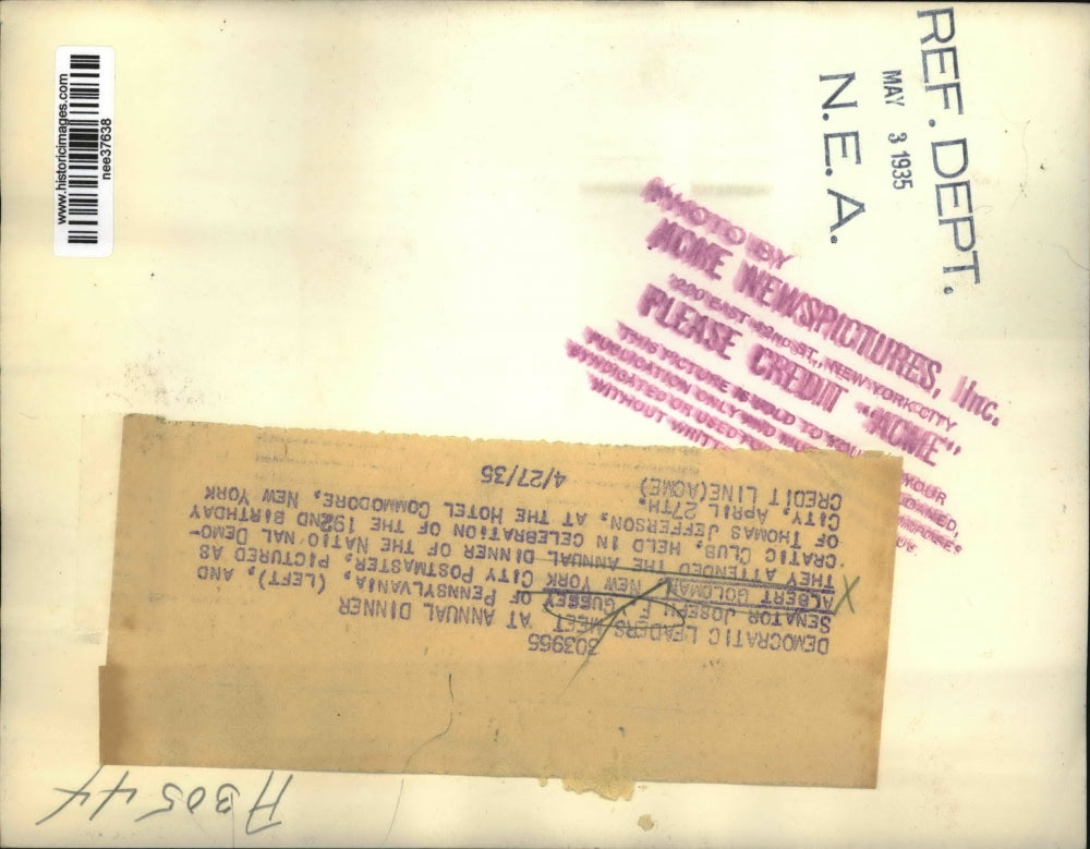 1935 Press Photo Sen Joseph F Guffey & Albert Goldman attended dinner, NY City