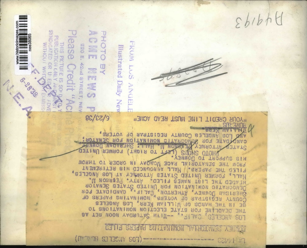 1938 Press Photo Peirson Hall S Downey William Kerr Los Angeles Voter Registrar