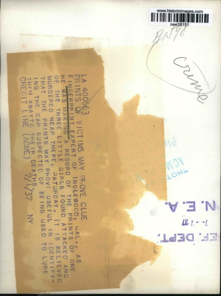 1937 Press Photo California Fingerprint Expert Makes Records - nee38151