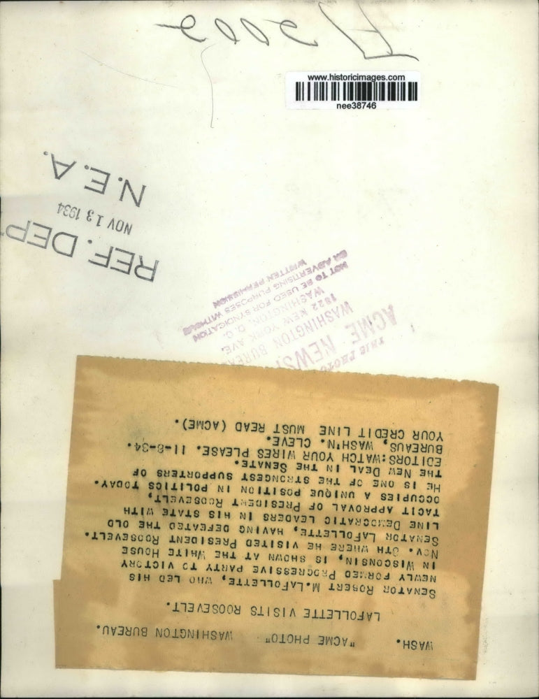 1934 Press Photo Sen Robert LaFollette visited Pres Roosevelt at the White House