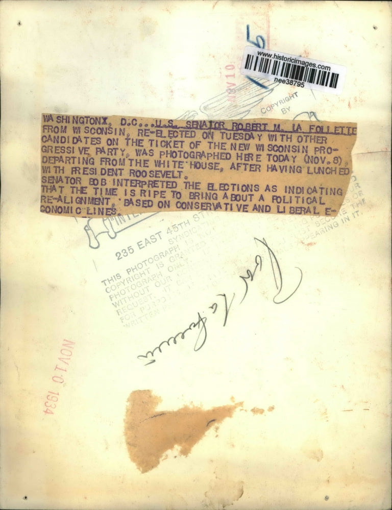 1934 Press Photo U.S. Senator Robert LaFollete elected for Wisoncson - nee38795