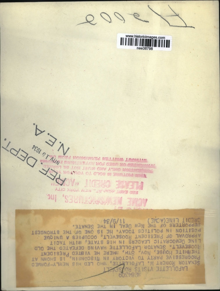 1934 Press Photo Sen. Robert Lafollette visits President Roosevelt