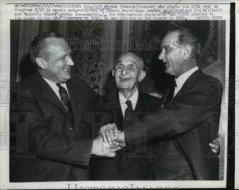 Load image into Gallery viewer, 1958 Press Photo Senators Carl Hayden W F Knowland Lyndon Johnson in Washington
