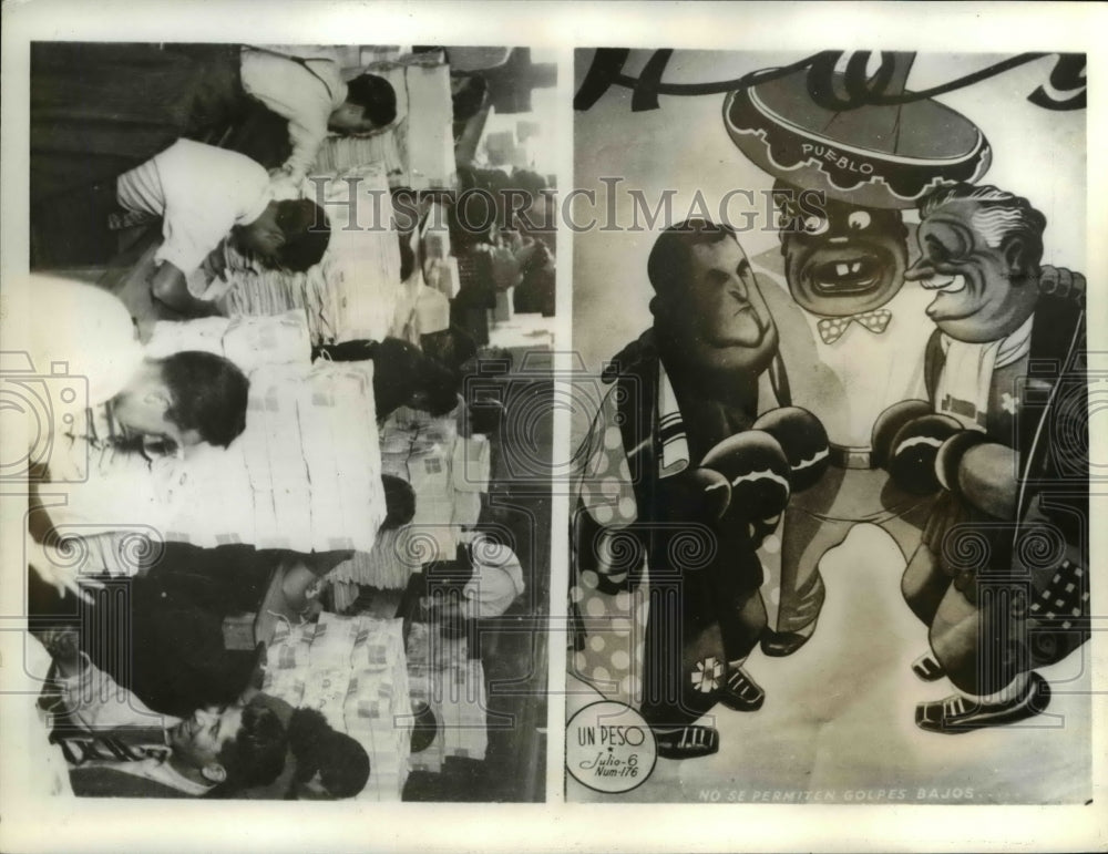 1940 Press Photo Cartoon Camacho & Almazan at newspaper, foul blow not tolerated