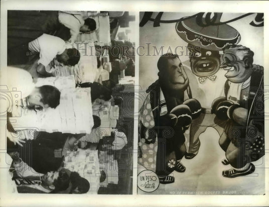 1940 Press Photo Cartoon Camacho & Almazan at newspaper, foul blow not tolerated