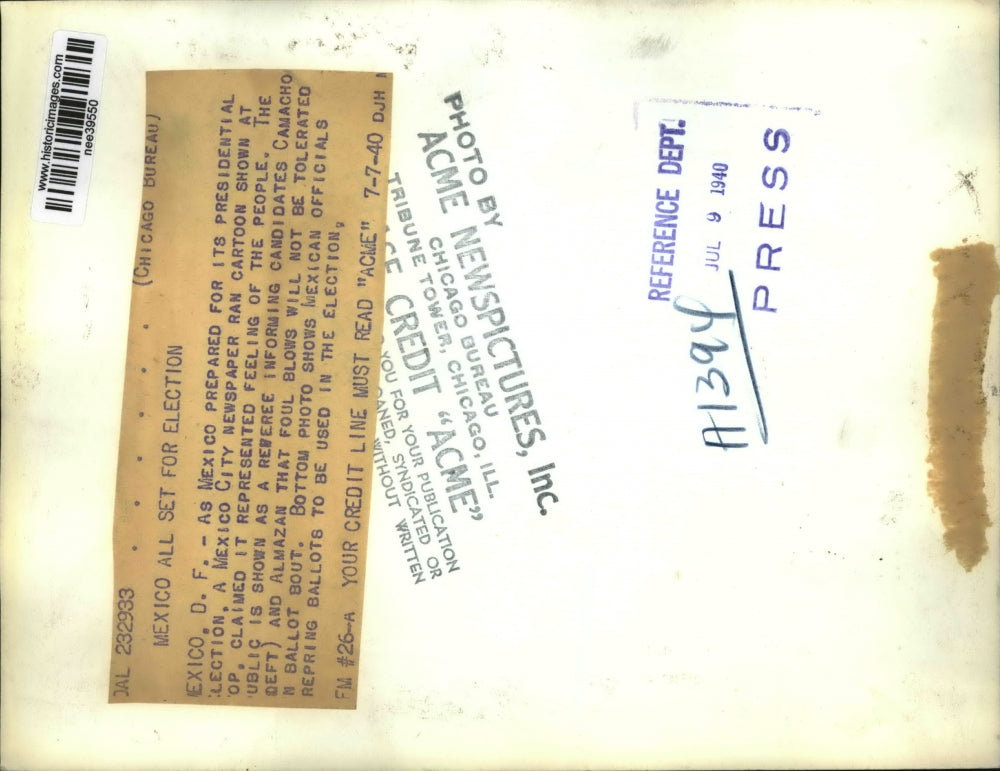 1940 Press Photo Cartoon Camacho & Almazan at newspaper, foul blow not tolerated