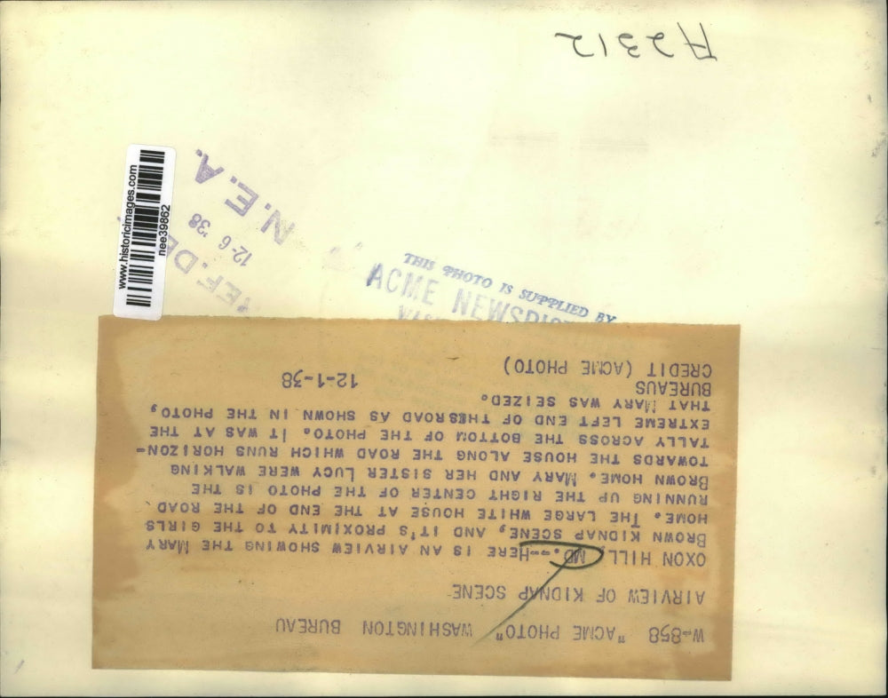 1938 Press Photo view of Mary Brown kidnap scene in Oxon Hill, Maryland