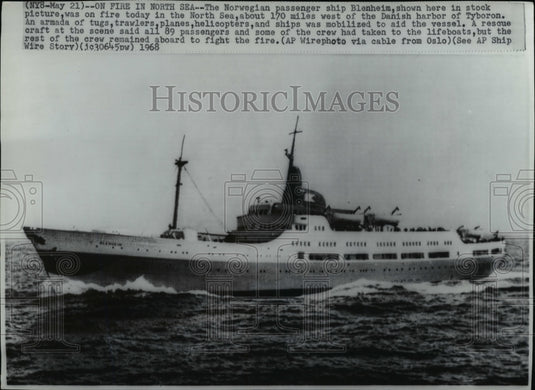 1968 Press Photo Norwegian Passenger ship Blenheim Was on Fire - nee39942