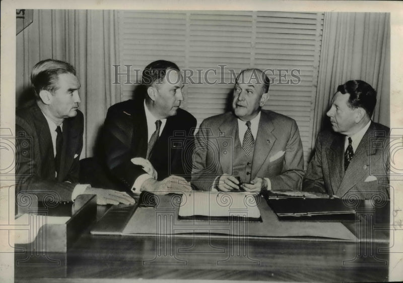 Load image into Gallery viewer, 1949 Press Photo Louis Johnson, Stuart Symington, Kenneth Royall, John Sullivan
