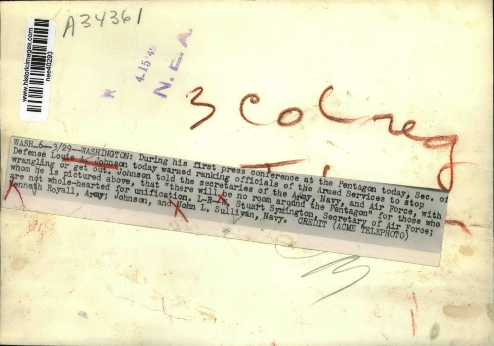 1949 Press Photo Louis Johnson, Stuart Symington, Kenneth Royall, John Sullivan