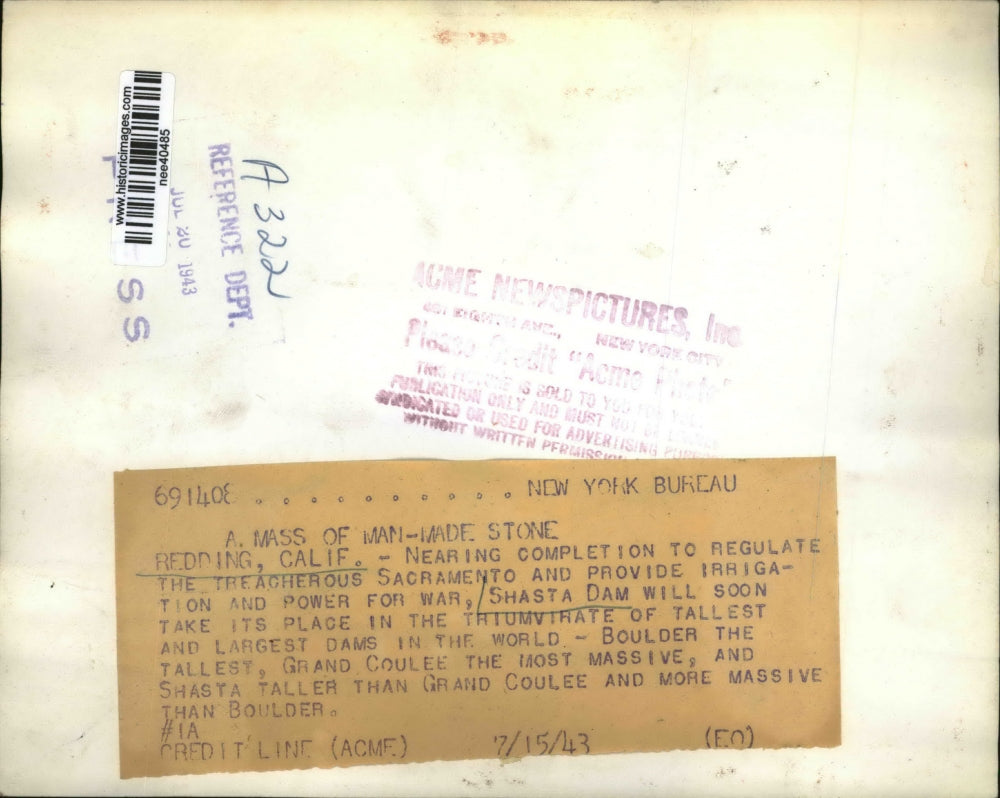 1943 Press Photo of the Shasta Dam in Redding, California.