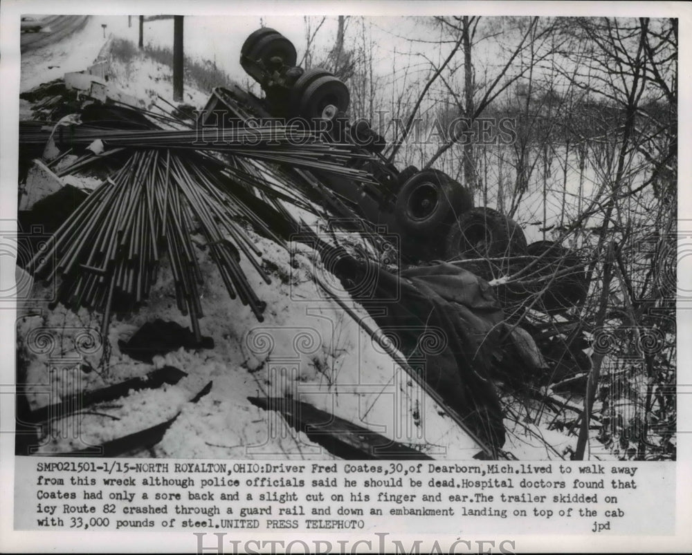 1955 Press Photo Driver Fred Coates Survives Truck Wreck in North Royalton