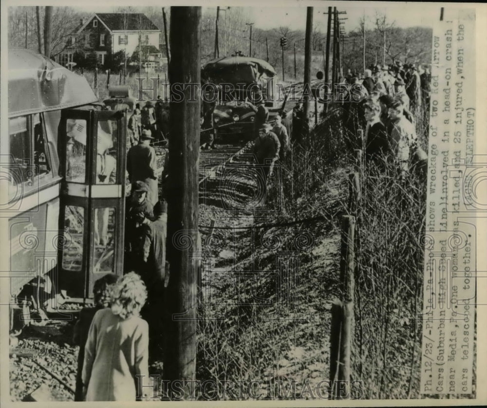 1948 Press Photo Wreckage of 2 Red Arrow Cars in Accident 1 Dead & 25 Injured