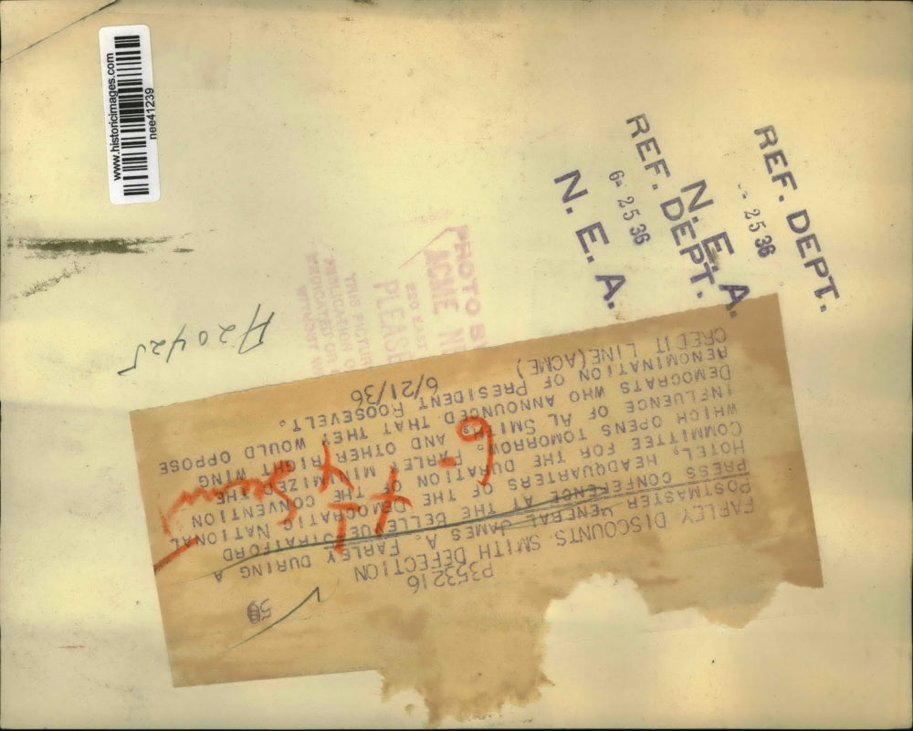 1936 Press Photo James A. Farley at Press Conference Discounts Smith Defection