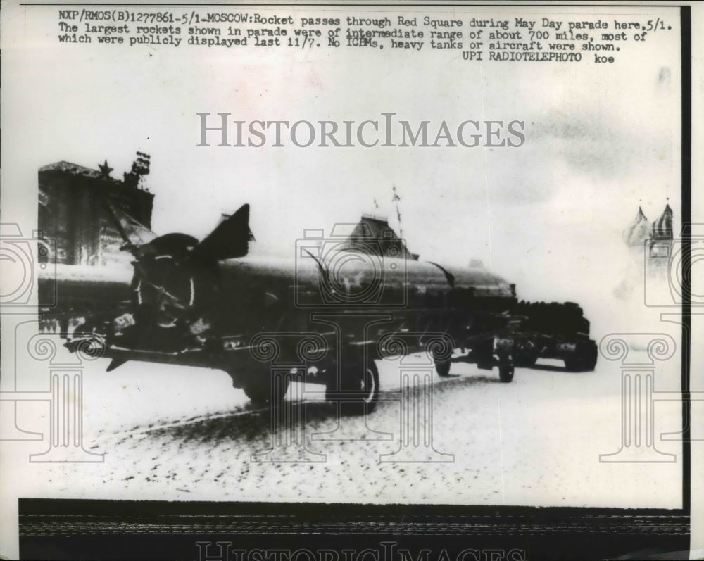 1961 Press Photo Rocket passes through Red Square during May Day parade, Moscow- Historic Images