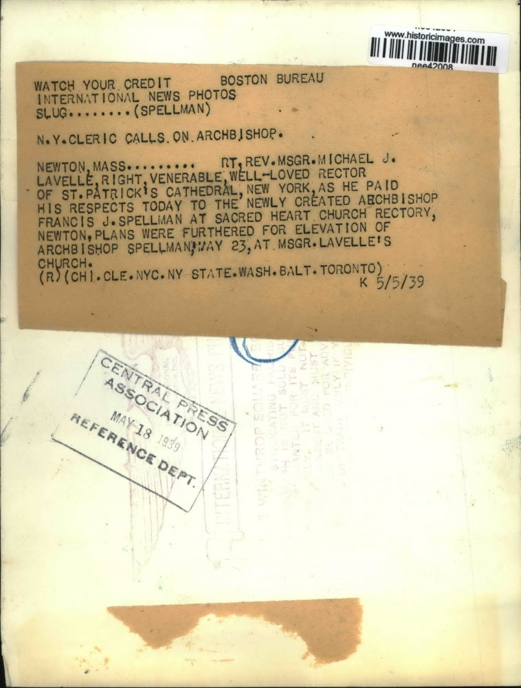 1939 Press Photo Rev. Msgr.Michael J.Lavelle, Francis J. Spellman Sacred Heart