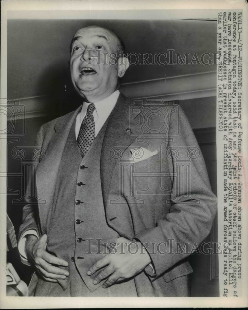 1949 Press Photo Defense Secretary Louis A. Johnson During Press Conference