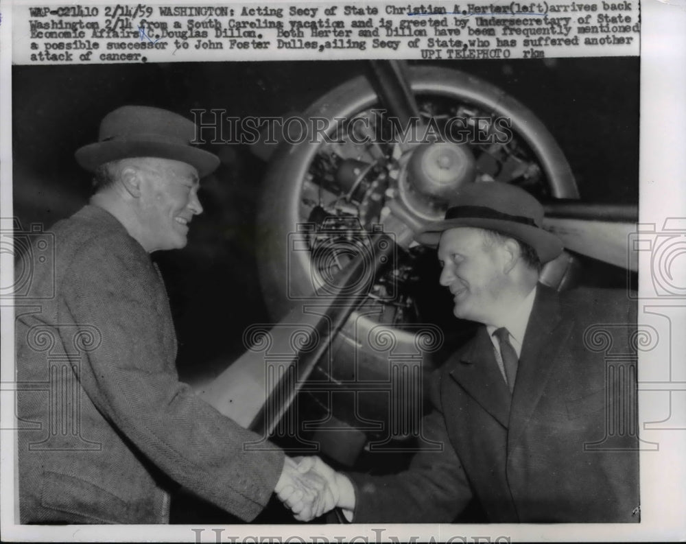 1959 Press Photo Christian A Herter arrives back in Washington, C Douglas Dillon