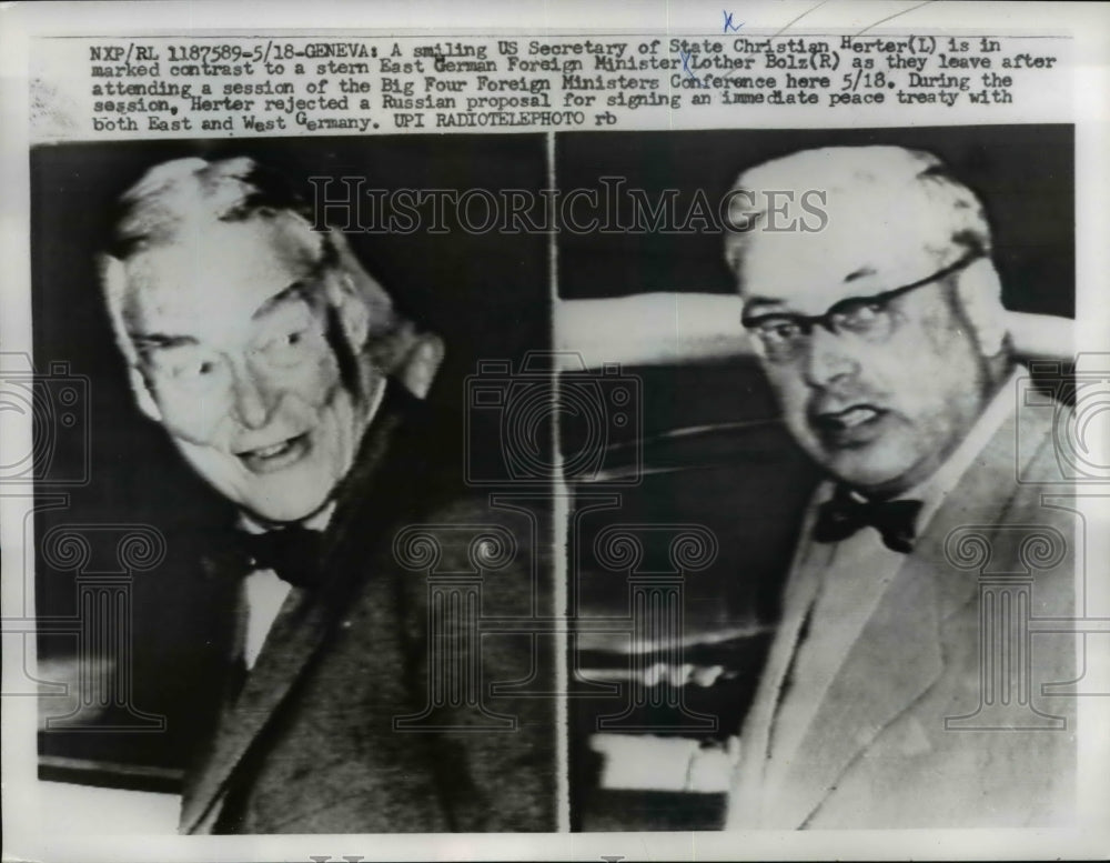 1959 Press Photo Christian A Herter, Lother Bolz leave conference in Geneva