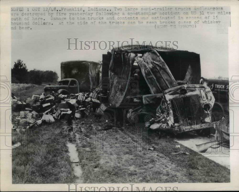 1948 Press Photo Semi Trucks Destroyed by fire after accident on US 31 Franklin,