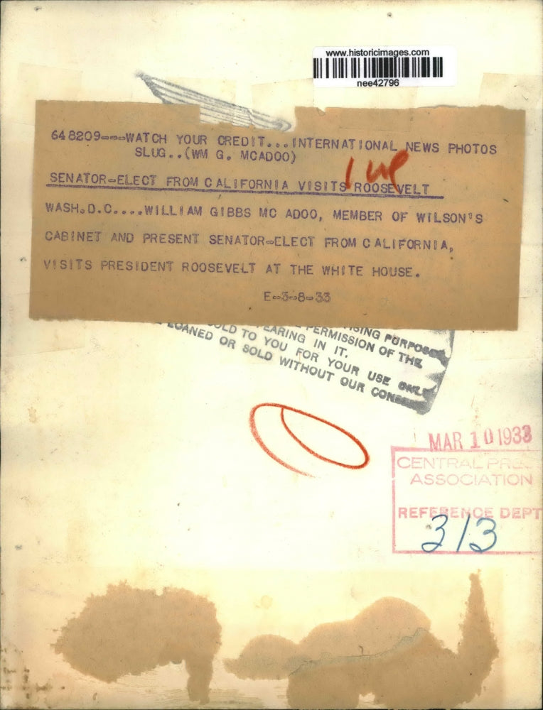 1933 Press Photo Wash. DC William Gibbs McAdoo visits Presidnet Roosevelt.