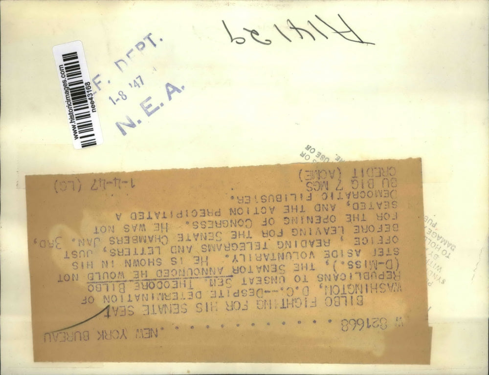 1947 Press Photo Sen. Theodore Biblo in his office, fights for Senate Seat