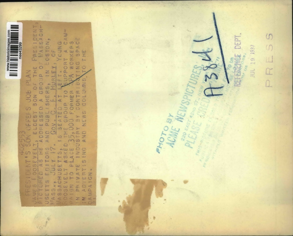 1937 Press Photo James Roosevelt, Gov. C.F. Hurley Offers job Plan