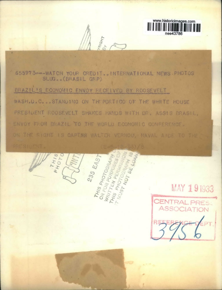 1933 Press Photo White House Pres Roosevelt, Dr. Assis Brasil World economic