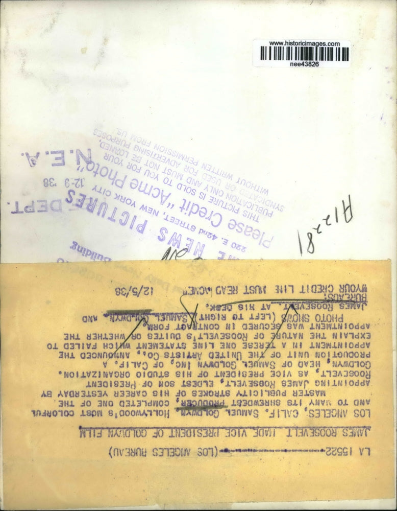 1938 Press Photo Samuel Goldwyn, James Roosevelt VP Goldwyn Film - nee43826