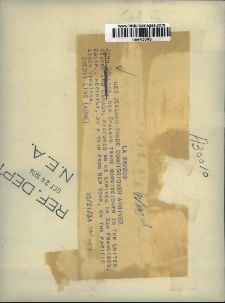 1934 Press Photo John Collins New Zealand Trade Commssioner to US & Canada.