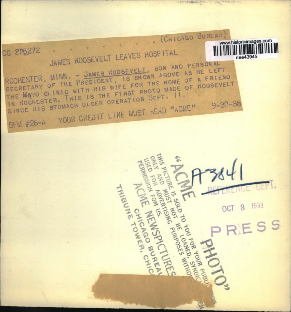 1938 Press Photo James Roosevelt, son/secretary President, stomach ulcer cancer