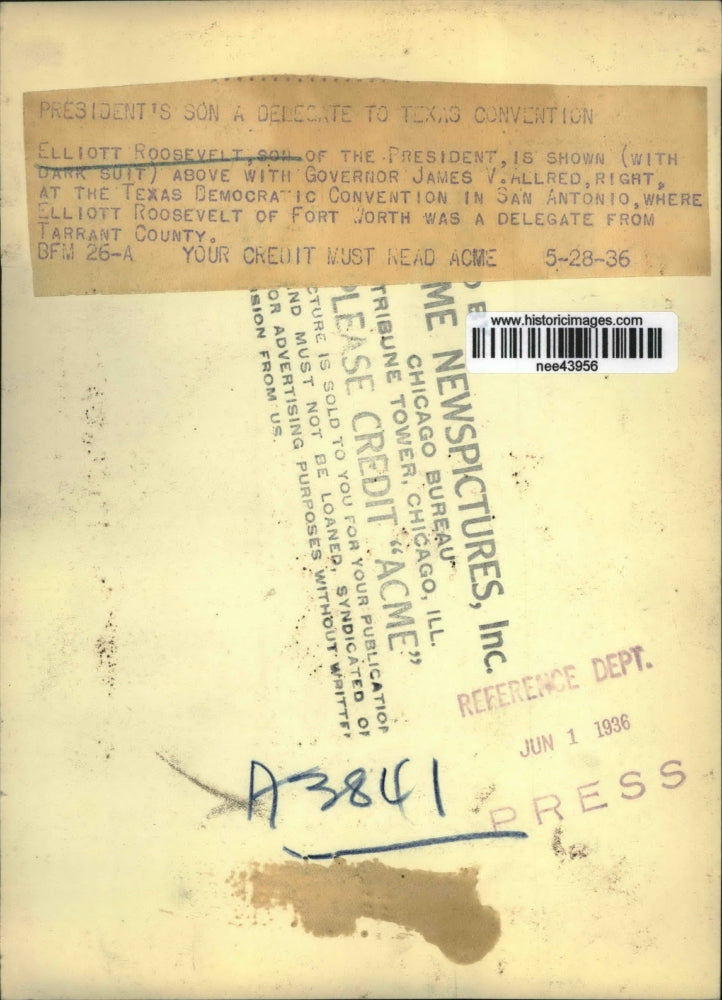 1936 Press Photo Elliott Roosevelt, President's son, Gov. James Allred, Texas