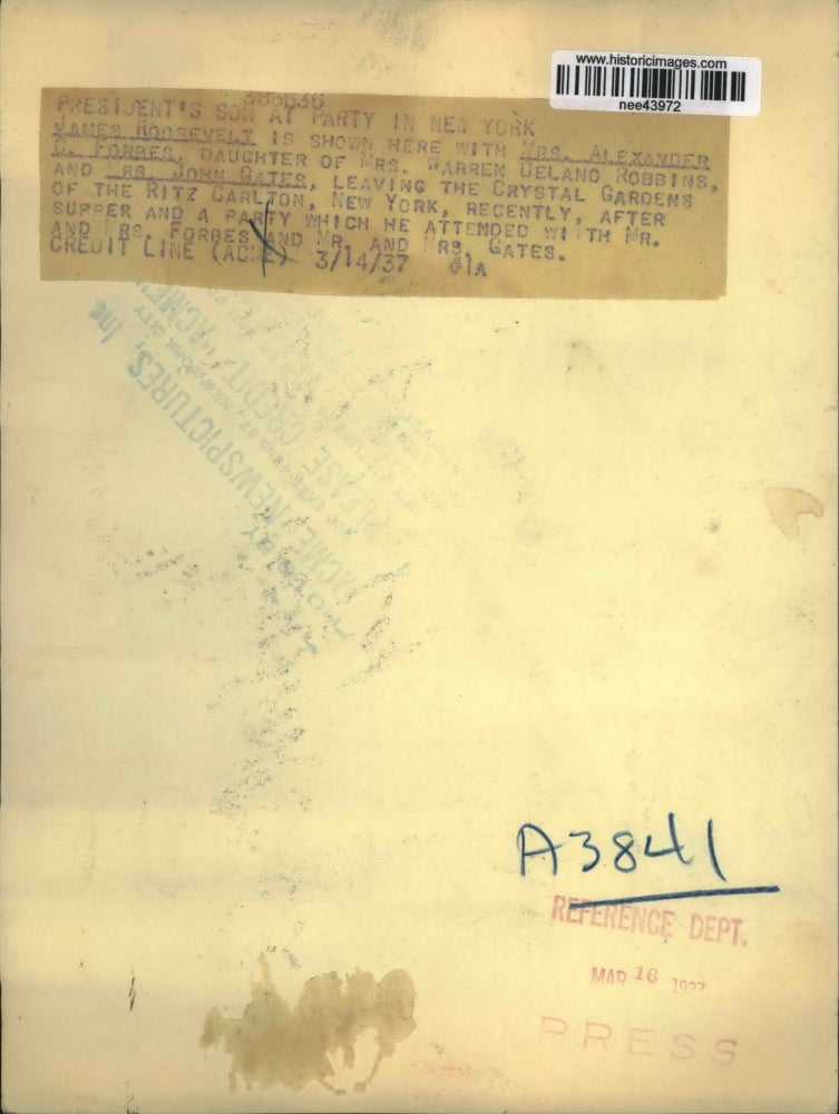 1937 Press Photo New York James Roosevelt shown here with Mrs A O Forbes