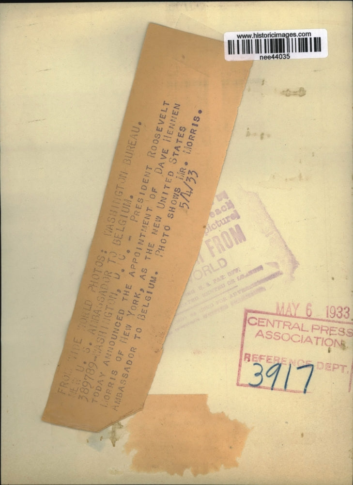 1933 Press Photo President Roosevelt annouces Dave Hennen Morris Ambassador