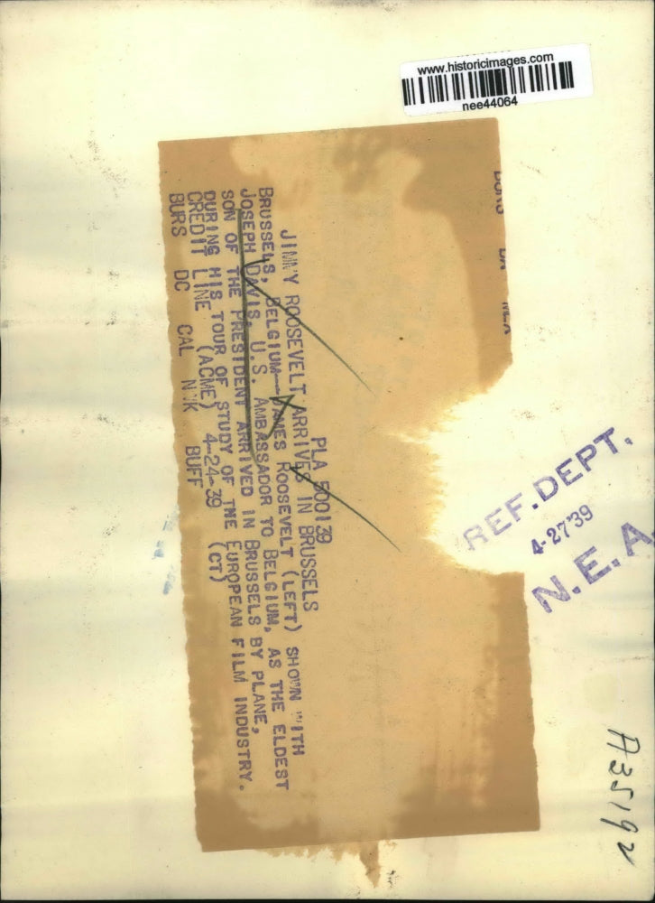 1939 Press Photo Joseph Davis, James Roosevelt Arrives in Brussels - nee44064