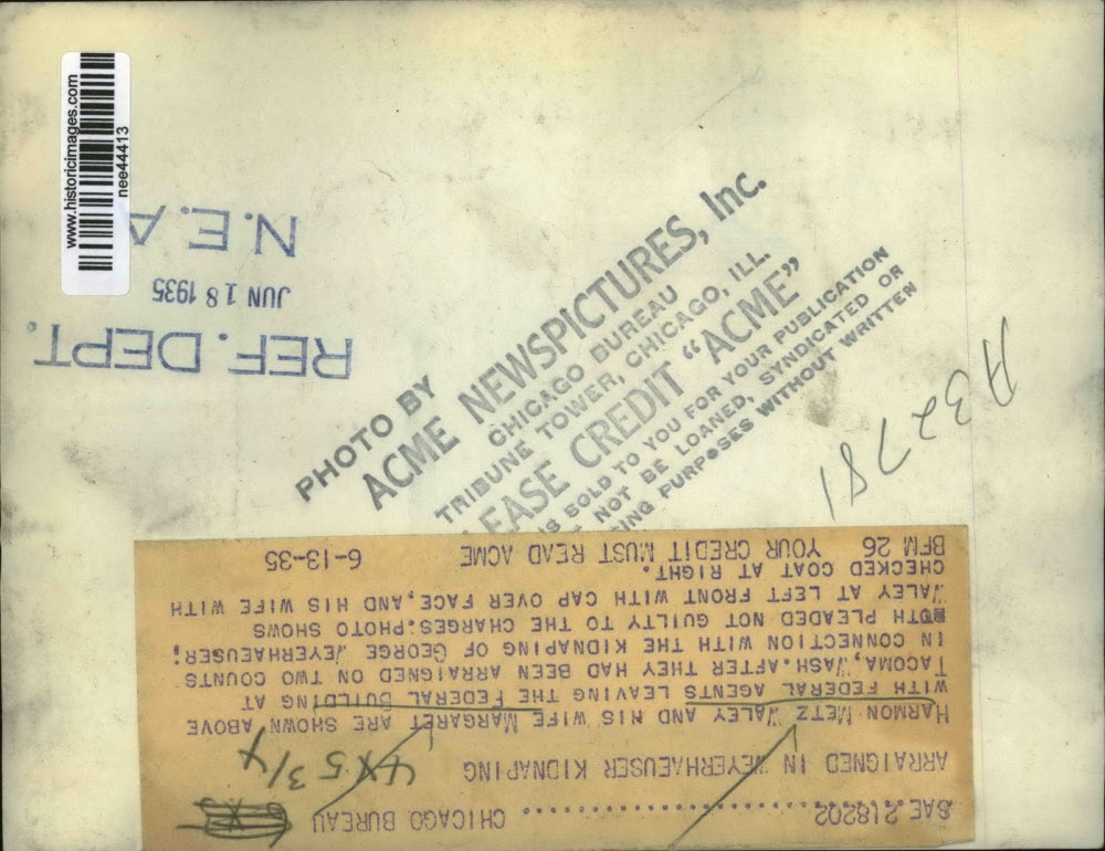 1935 Press Photo Harmon Waley & wife Margaret arrested kidnapping G.Weyerhaeuser