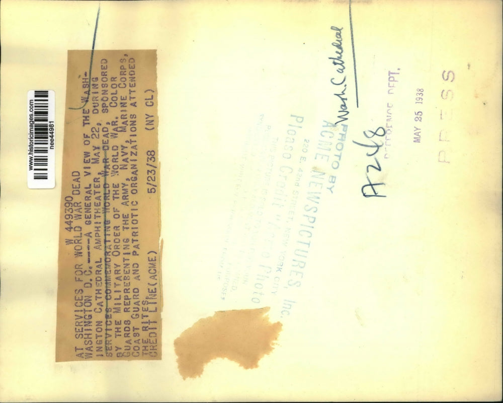 1938 Press Photo Washington D.C Cathedral Amphitheater May 22, World War Dead.