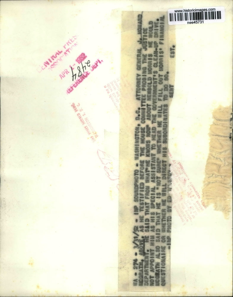 1952 Press Photo of Atty General, J. Howard McGrath as he testified before the