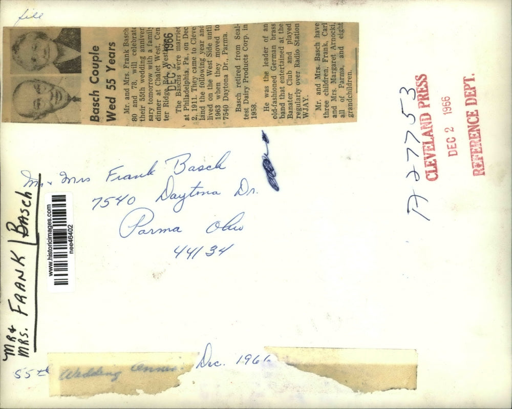 1956 Press Photo Mr. and Mrs. Frank Basch Celebrate 55th Wedding Anniversary