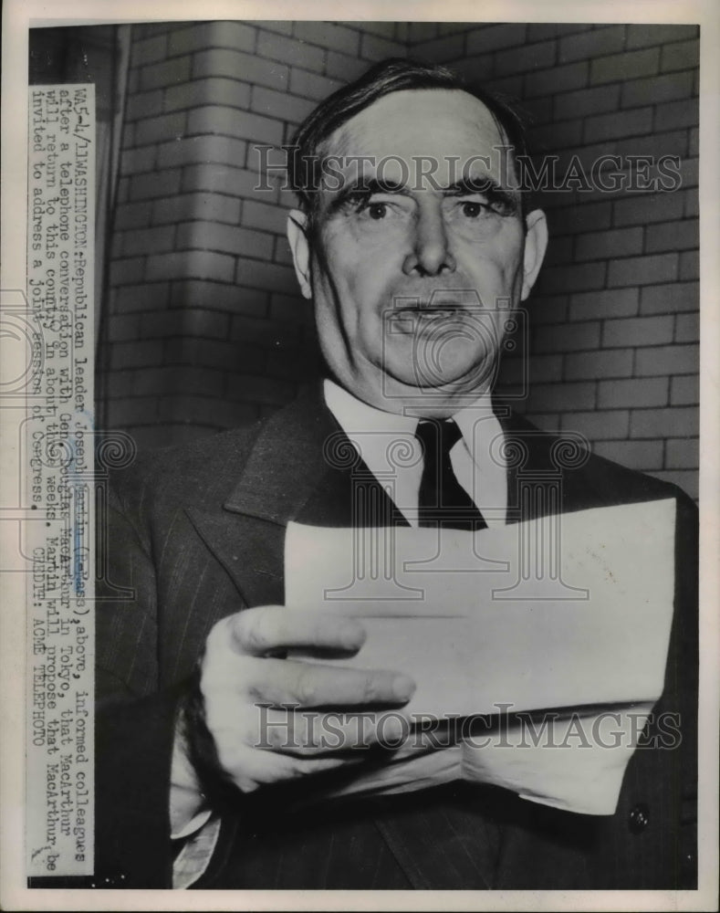1951 Press Photo Republican Leader Joseph Martin in Washington - nee46888