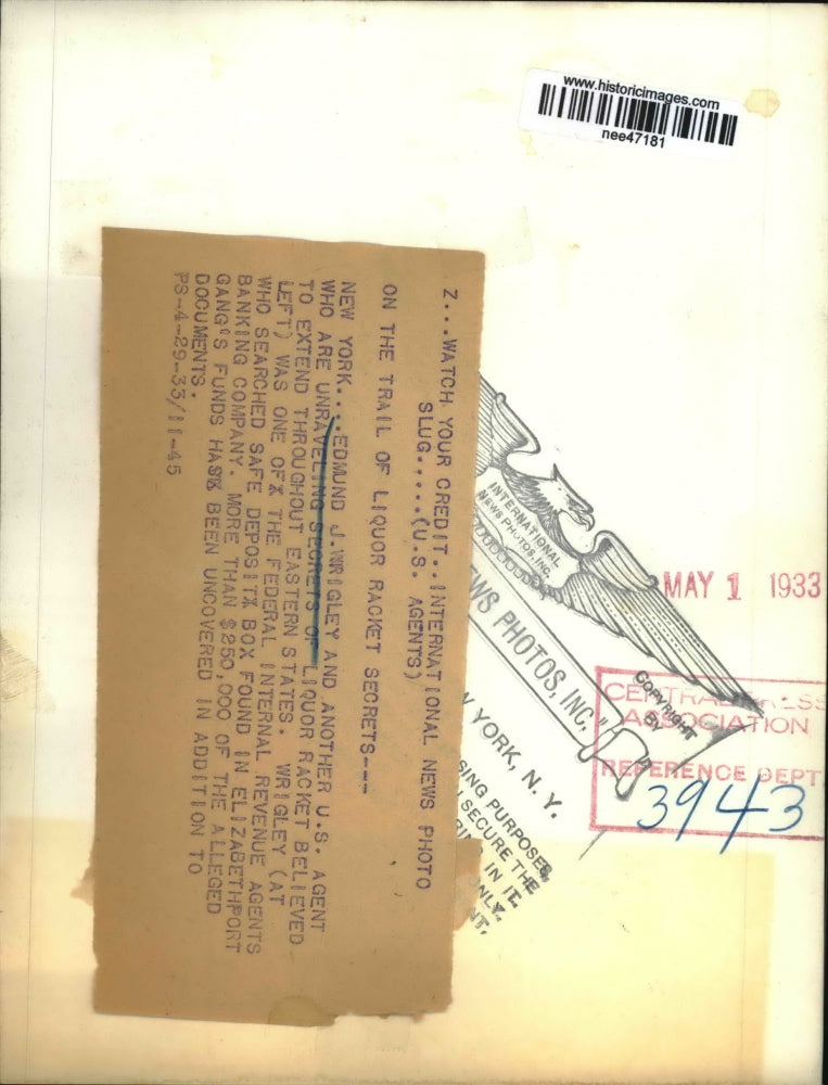 1933 Press Photo Edmund J. Wrigley Liquor Racket New York - nee47181