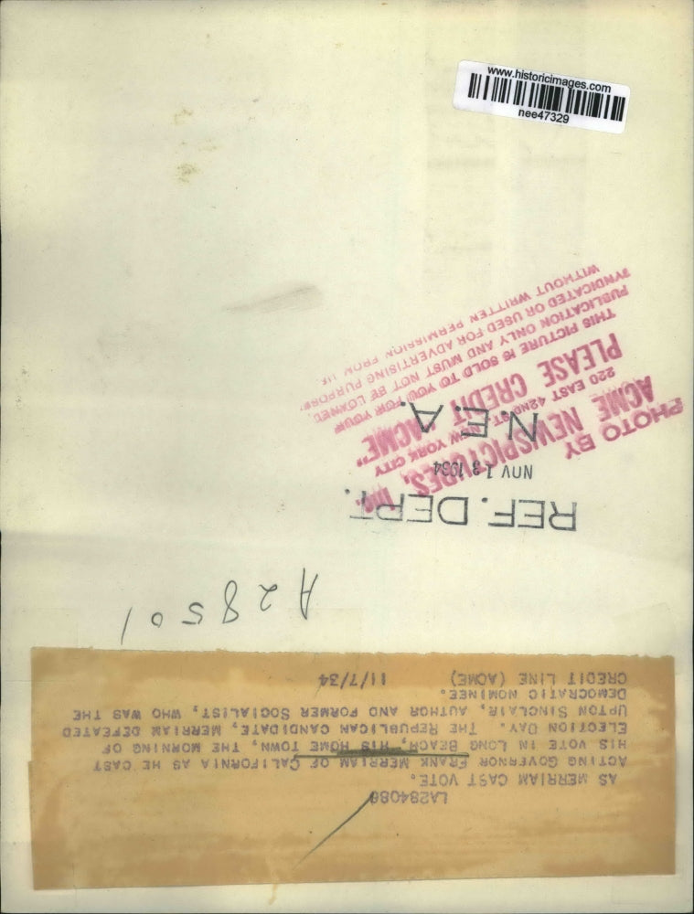 1934 Press Photo of Acting Gov Frank Merrim of California (R)