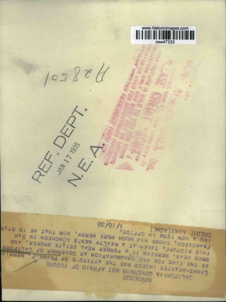 1935 Press Photo 1934 Press Photo of Gov. Frank Merriam R-CA, at his