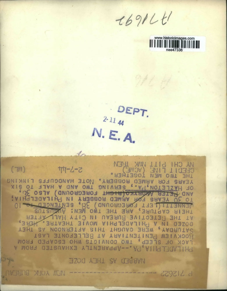 1944 Press Photo of Augustus Mennetti (L) and Peter Andryko after being recapt