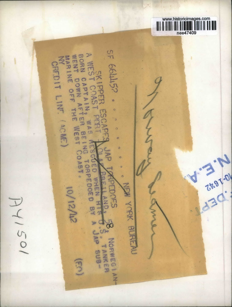 1942 Press Photo Olae Breiland Norwegian Born Captian U.S. Tank Rescued